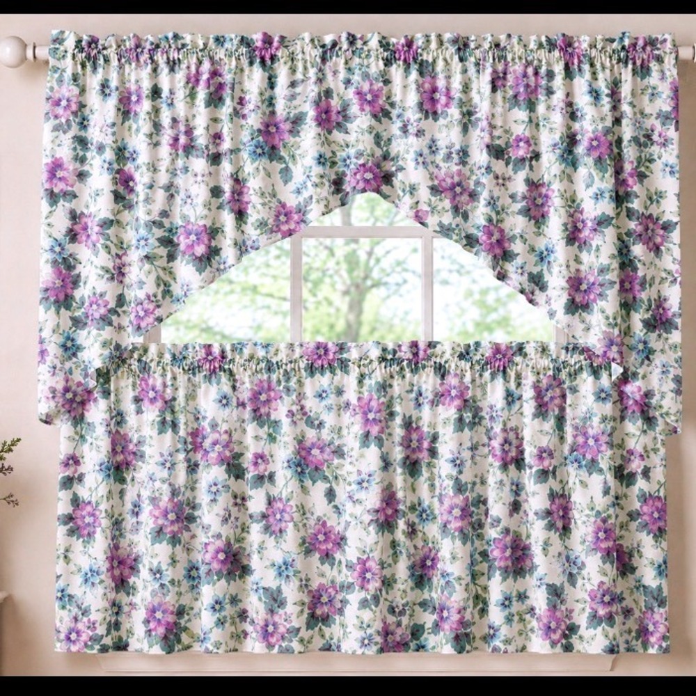 VTG 80's CWF Floral Tier and Swag Curtain Set Purple 60x36 Kitchen Deadstock new